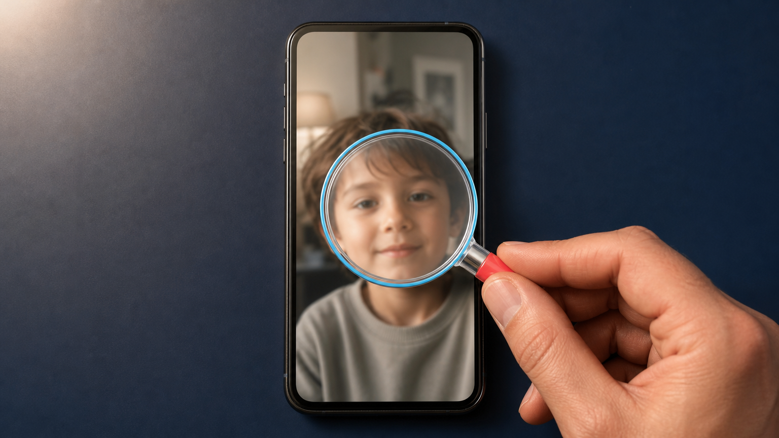Hand using a cyan-rimmed magnifying loupe to inspect a softly focused child portrait on a phone