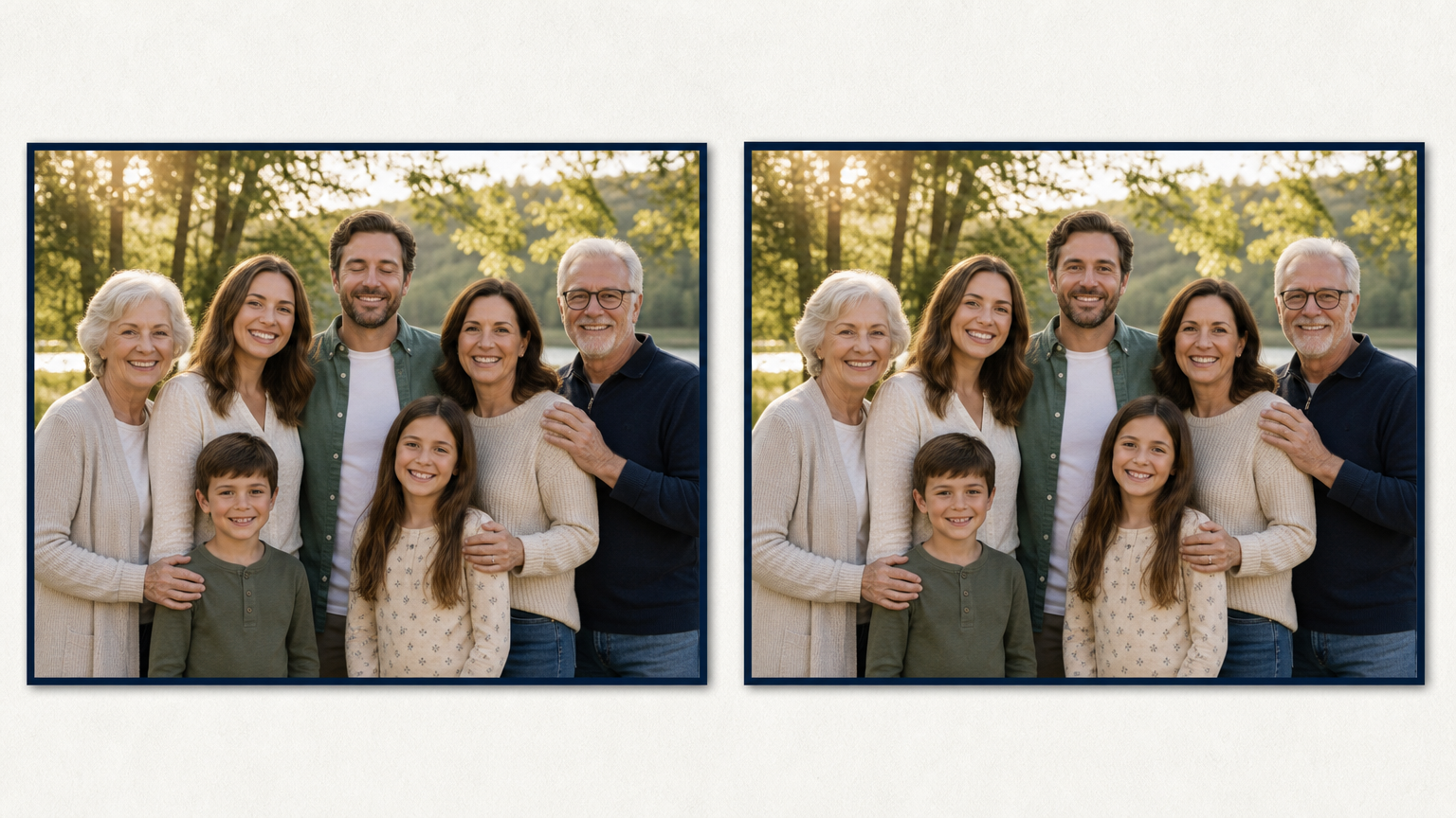 Matching family group photos with one adult blinking in one and eyes open in the other