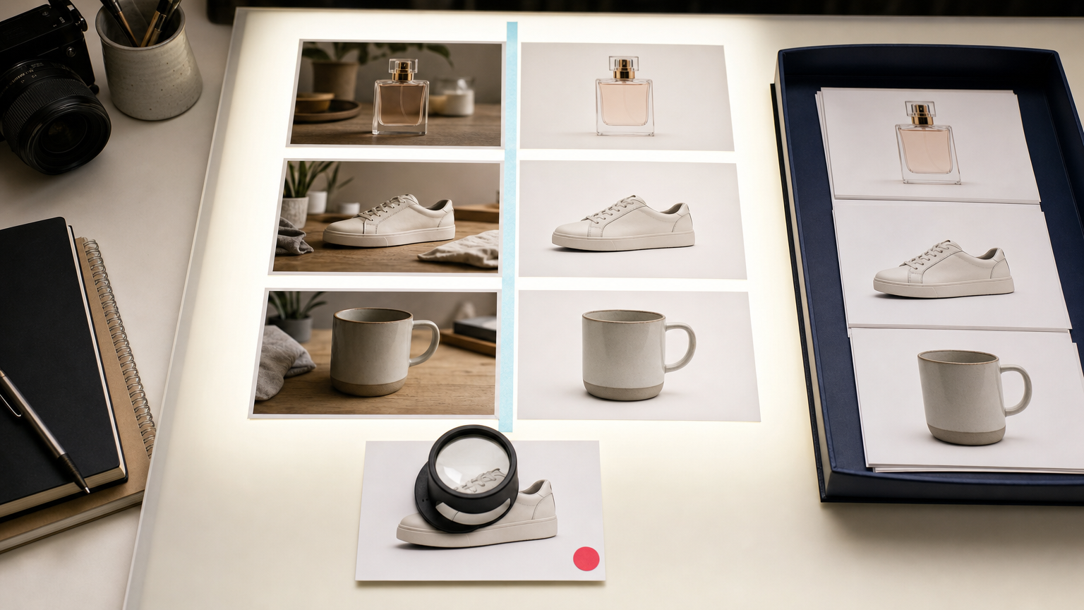 Before and after product photos on a light table, with one processed image held for human review under a loupe