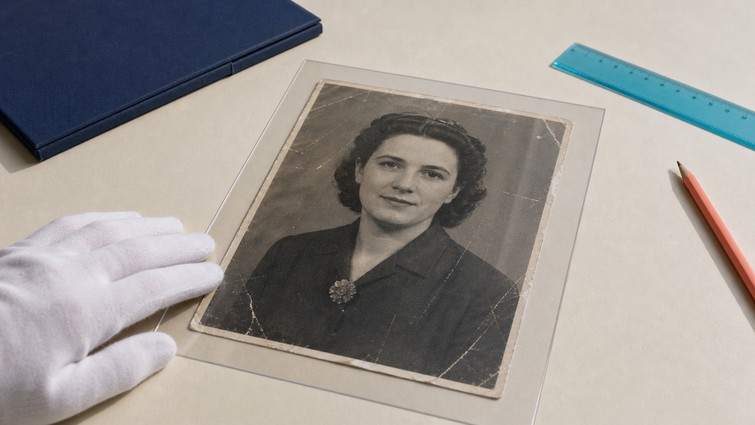 Gloved hand protecting a vintage portrait with a clear archival sheet