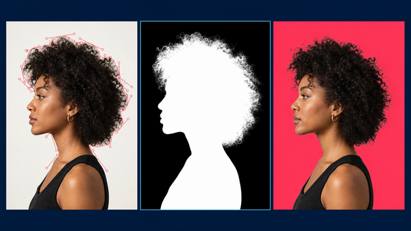Same curly-haired portrait shown with a clipping path, an alpha matte, and a clean final composite