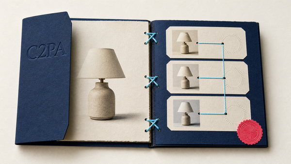 Open hand-bound C2PA asset passport showing one lamp image connected to signed provenance records
