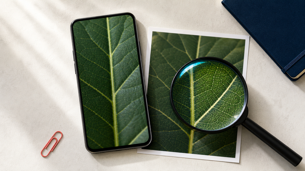 Android phone, leaf photo, and magnifying loupe representing mobile photo detail enhancement