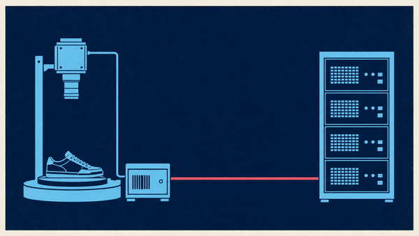 Screen-print illustration of a camera and local edge box connected to a remote server rack