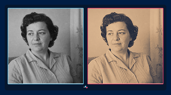 The exact same archival portrait shown as a restrained monochrome restoration and a creative color interpretation