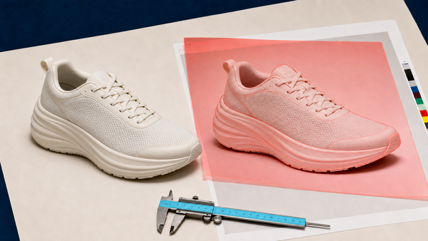 Real running shoe beside an advertising proof with a coral comparison overlay and precision caliper