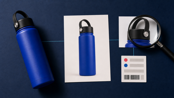 A cobalt bottle shown as the same physical product, catalog packshot, magnified cap detail, and structured product record