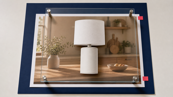 An unbranded lamp product proof aligned over a separate lifestyle background using a clear mask sheet and registration pins