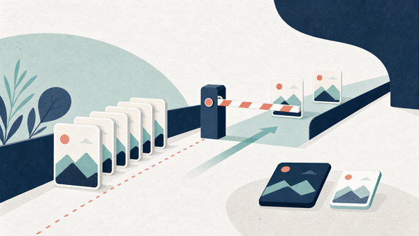 Editorial illustration of image requests passing through a rate-control gate and queue