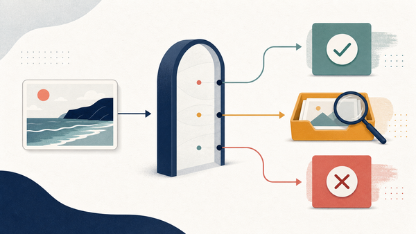 Editorial illustration of an image moderation flow with approval, manual review, and blocked outcomes