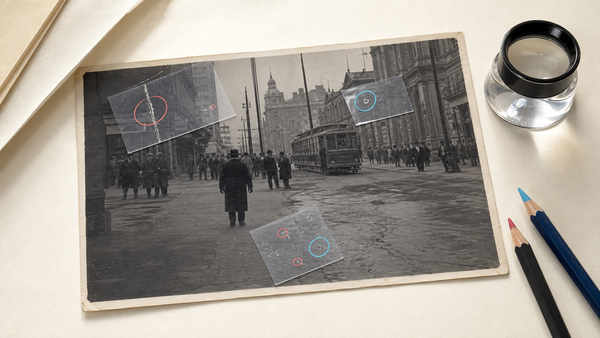Damaged archival photograph with transparent overlays marking precise repair areas