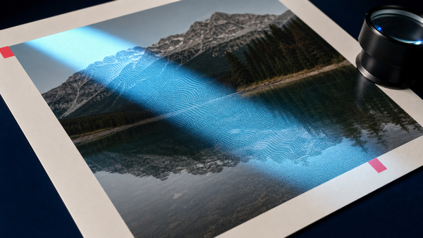 Fine-art landscape print under cyan forensic light revealing a subtle embedded dot pattern