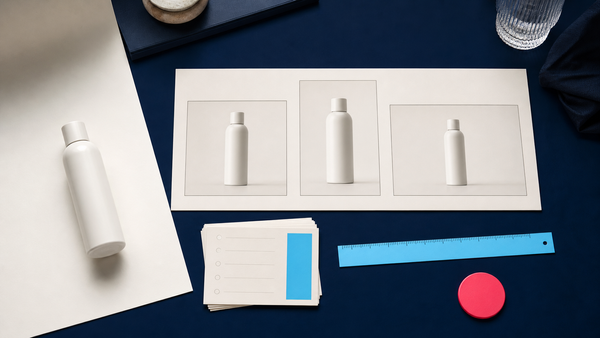 Studio batch board showing one product prepared in square, portrait, and landscape formats