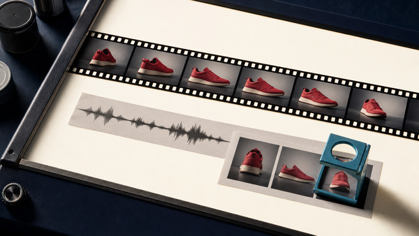 Film-editing light table with sequential product frames, an audio waveform, and selected keyframes