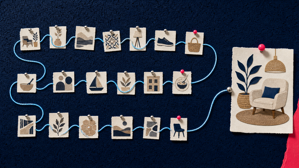 Handmade pinboard showing a long cyan thread connecting past interests to one recommended interior image