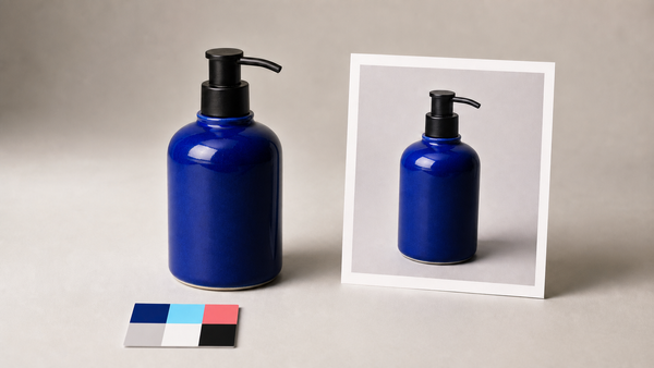 Cobalt pump bottle beside a matching catalog proof and color reference card