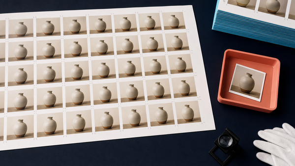 Large organized grid of processed image prints with one exception routed for review