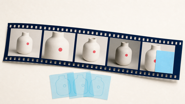 The same unlabeled ceramic vase shown across cropped, rotated, relit, and partially masked photographic views