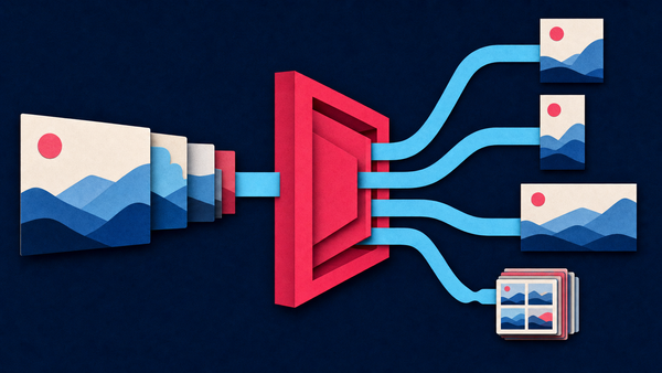 Editorial illustration of image cards passing through a central routing gateway into several output formats