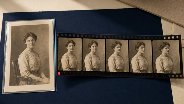 An untouched archival portrait beside five sequential film frames showing the same woman making a subtle head turn