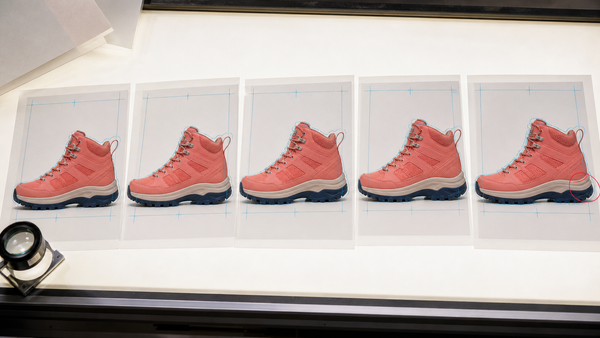 Five registered proofs show one coral hiking shoe gradually changing shape