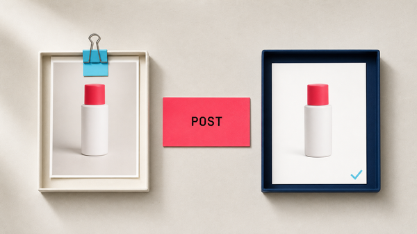 Source product photo handed to a POST job and returned as an approved catalog asset