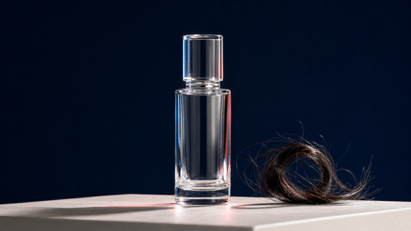 Clear glass cosmetic bottle beside a loose curl of hair on a studio plinth