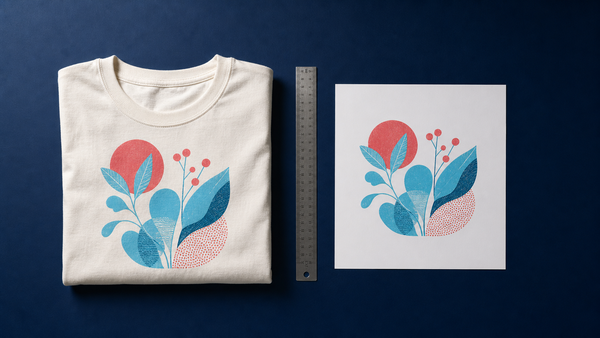 AI print-on-demand artwork checked on a T-shirt beside a matching paper proof
