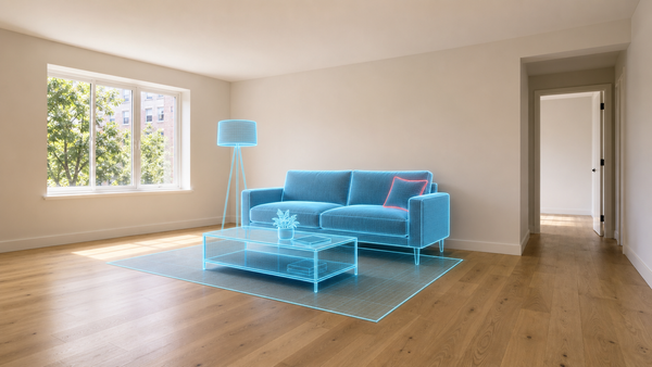 Empty living room with a cyan virtual furniture concept for real estate staging