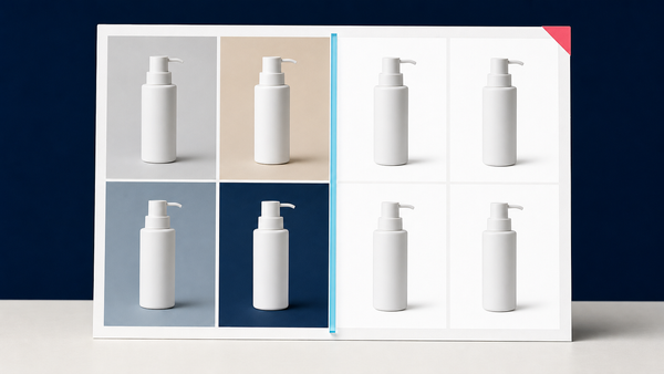 Eight identical product bottles move from mixed backgrounds to white catalog images