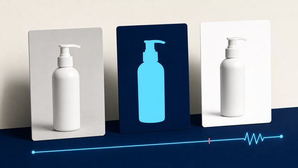 Three-stage product image workflow from source photo to cyan cutout to white catalog background