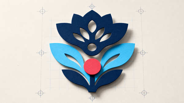 Layered navy, cyan, and coral vector flower emblem on an off-white grid