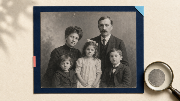 Vintage family portrait print with film-grain sample examined by a magnifier