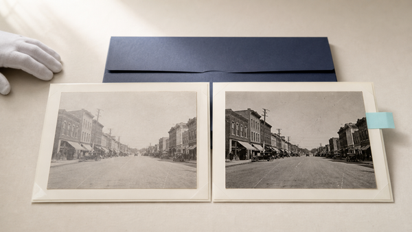 Original and restored archival street photograph prints on a conservation table