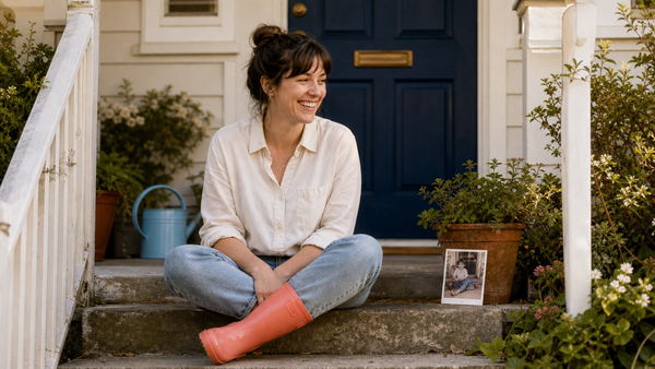Adult recreating a childhood pose beside a faded childhood snapshot on front steps