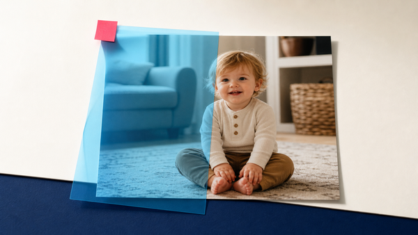 Family photo under a cyan acetate overlay showing a cool-to-neutral color correction