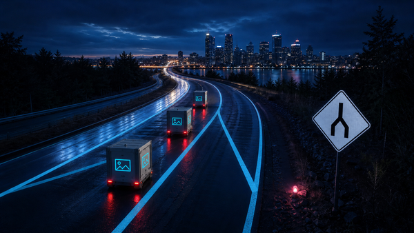 Three delivery crates travel through a two-lane merge toward a city