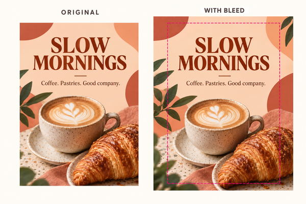 Illustrative café flyer comparison showing artwork extended beyond the trim boundary.