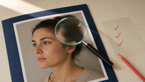 Magnifying glass reviewing a portrait print beside an acetate checklist