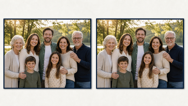 Matching family group photos with one adult blinking in one and eyes open in the other