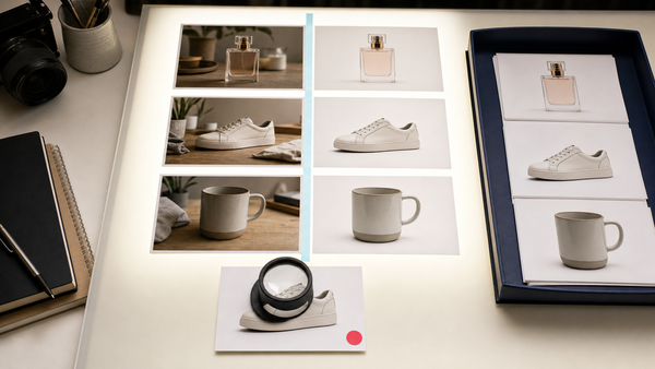 Before and after product photos on a light table, with one processed image held for human review under a loupe