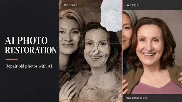 AI Photo Restoration comparison: a damaged portrait and the color result produced by the current Auto Enhance Pro preset