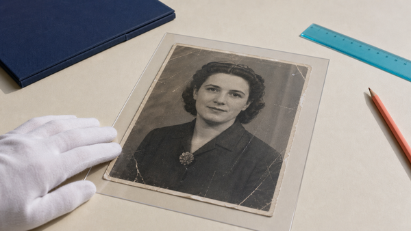 Gloved hand protecting a vintage portrait with a clear archival sheet