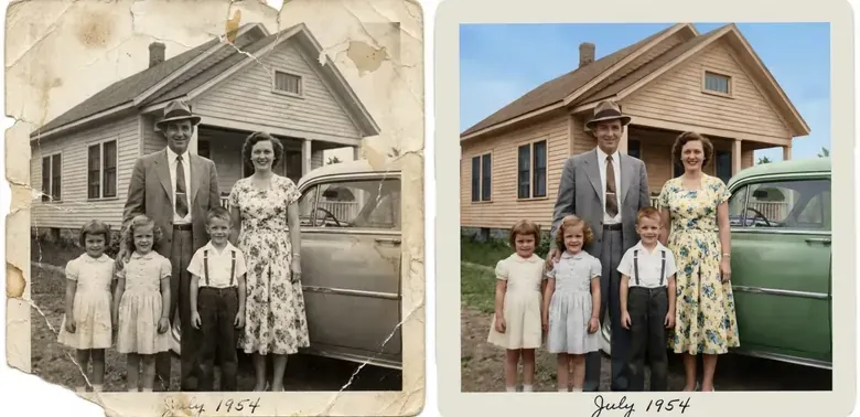A torn, faded family photo from 1954 next to the same photo restored with AI